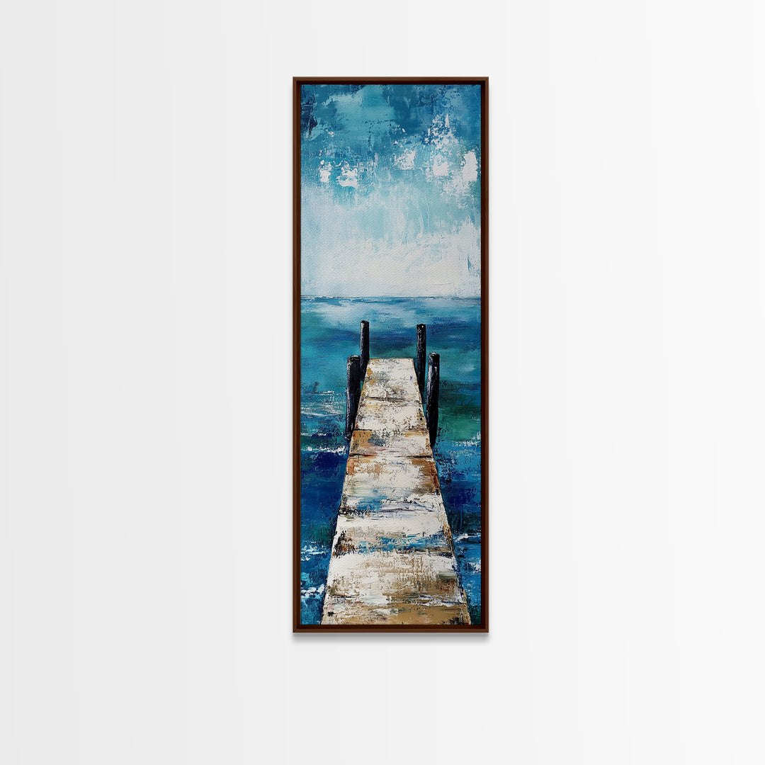 Dock on Water, Coastal Landscape Art, Nautical Wall Art, Seascape Painting, Rustic Decor, Tall Narrow Art, Canvas Print