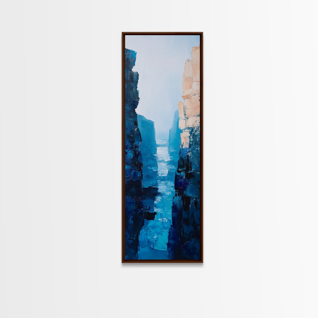 Canyon River View, landscape painting, blue and green wall art, nature lover gift, wabi sabi art, framed canvas print, vertical wall art