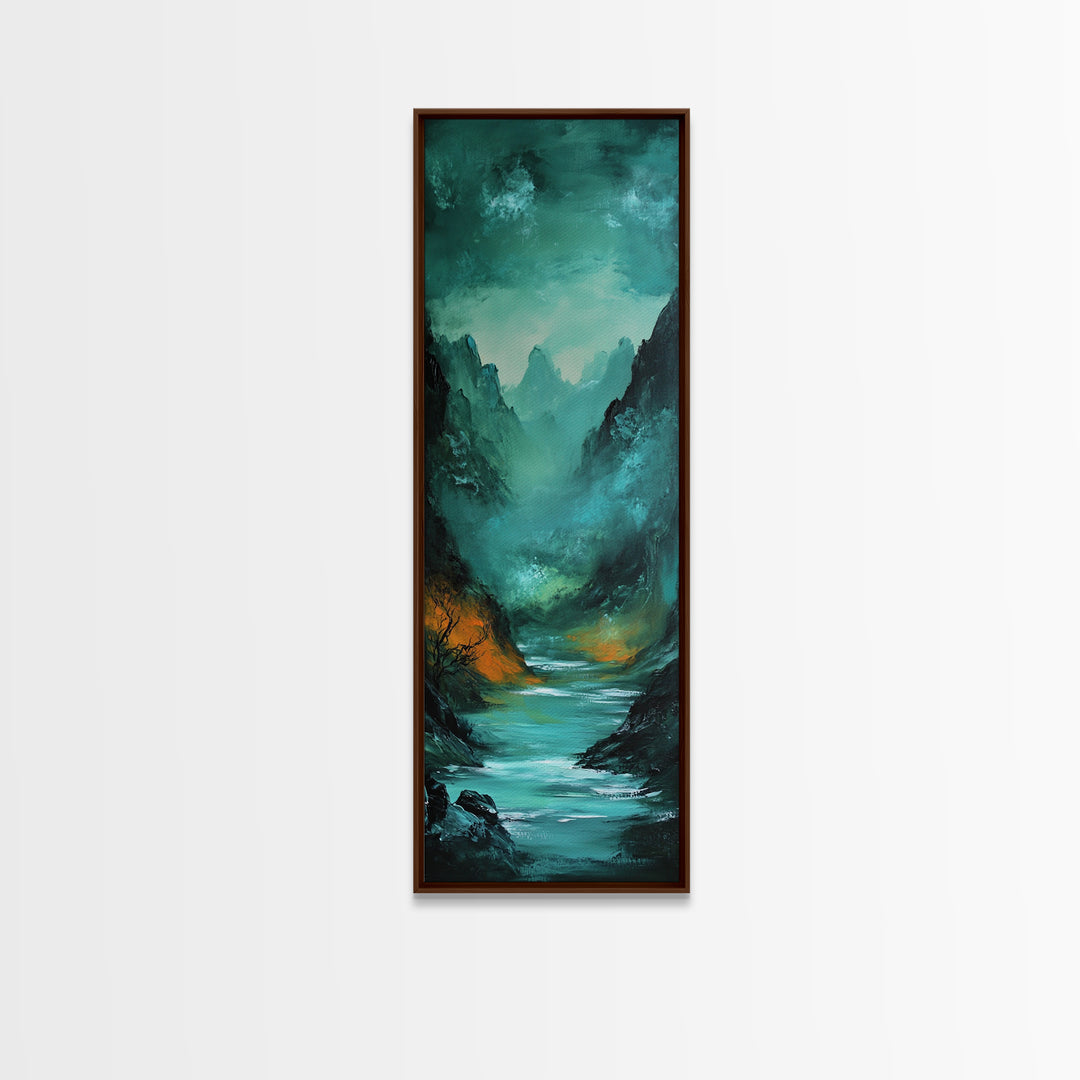 Dark Moody Landscape, Mountain Painting, Forest at Dusk Painting, Framed Canvas Print, Rustic Wall Art, Vertical Wall Art
