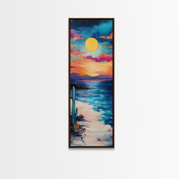 Desert Sunset, cactus painting, southwest wall art, coastal landscape art, framed canvas print, panoramic art