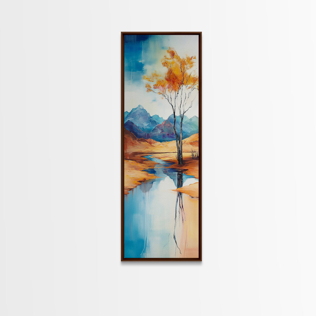 Autumn Reflections, landscape painting, birch tree art, above bed wall art, rustic wall art, framed canvas print, tall narrow art