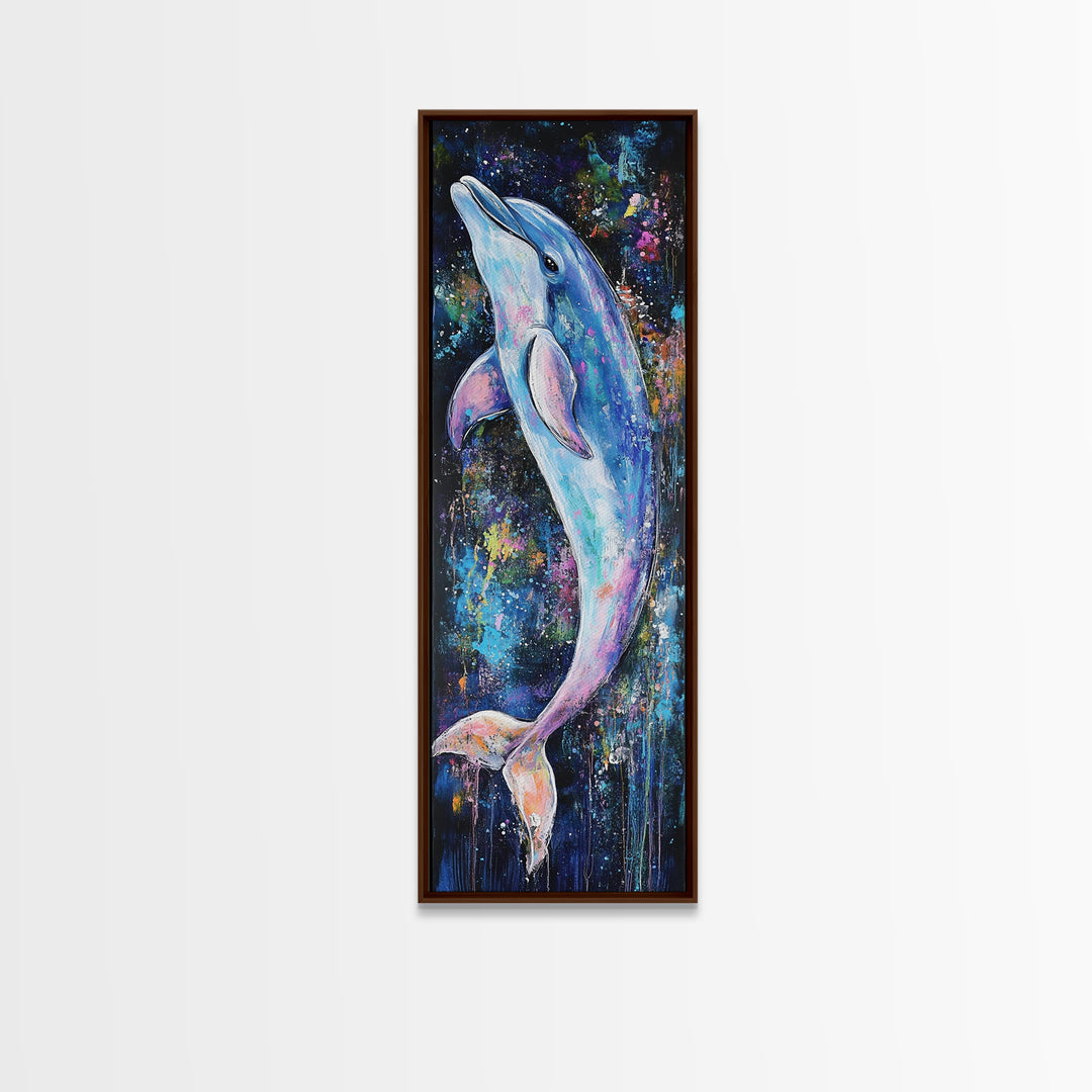 Cosmic dolphin, dolphin painting, ocean wall art, nautical painting, whimsical art, blue and green wall art, framed canvas print