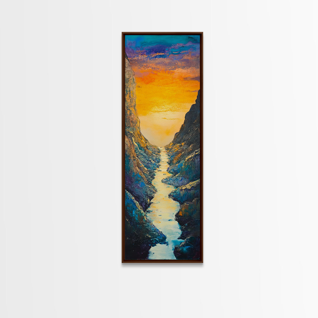 Sunset River, mountain painting, vertical wall art, nature art, framed canvas print, above sofa art, extra wide art, rustic decor