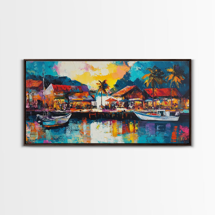 Coastal Village Painting, Nautical Wall Art, Tropical Landscape Art, Vibrant Art, Beach House Decor, Extra Wide Art, Canvas Print
