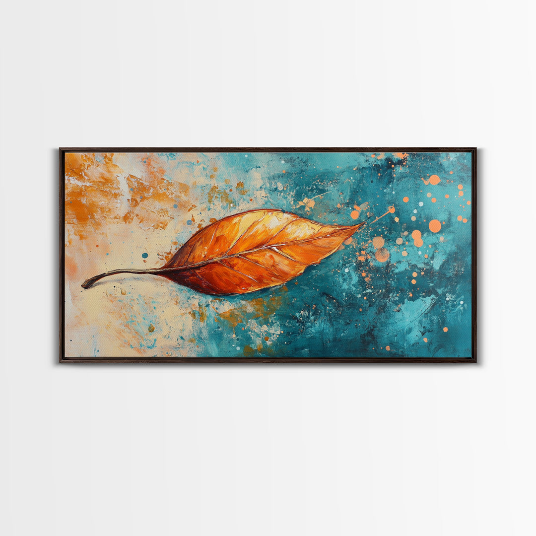 Autumn Leaf, fall painting, teal wall art, botanical prints, moody art, textured painting, gift idea for her, Canvas Print