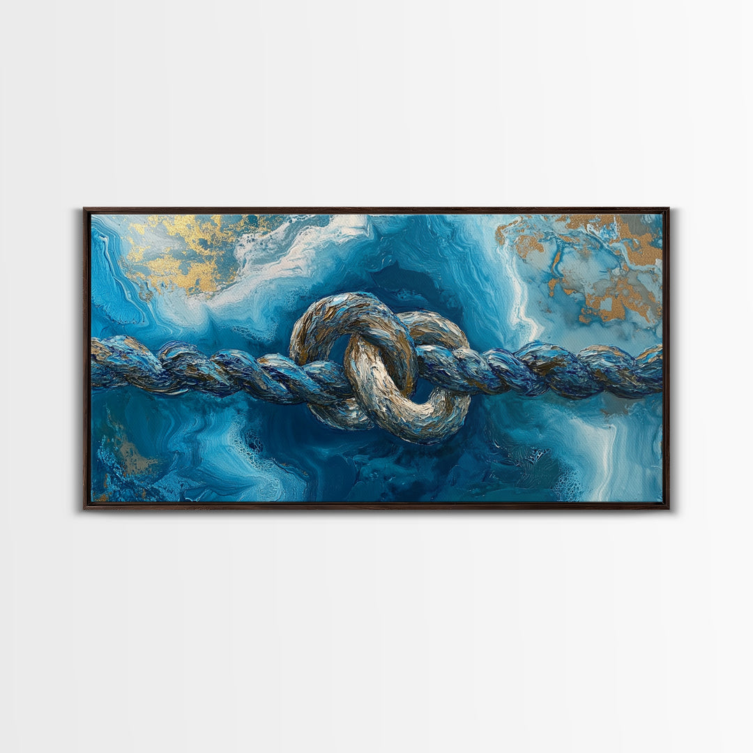 Ocean Rope, nautical decor, blue and gold wall art, coastal painting, seascape painting, horizontal wall art, Framed Canvas Print
