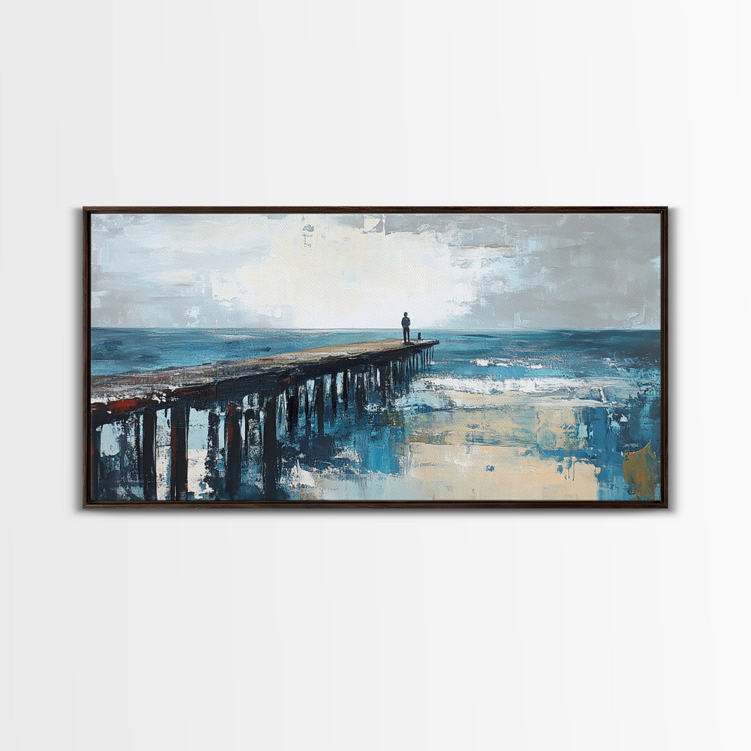 Pier at Dusk, moody art, coastal wall art, ocean painting, nautical painting, wabi sabi art, panoramic art, Canvas Print, seascape