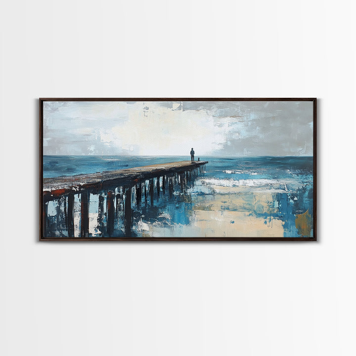 Pier at Dusk, moody art, coastal wall art, ocean painting, nautical painting, wabi sabi art, panoramic art, Canvas Print, seascape