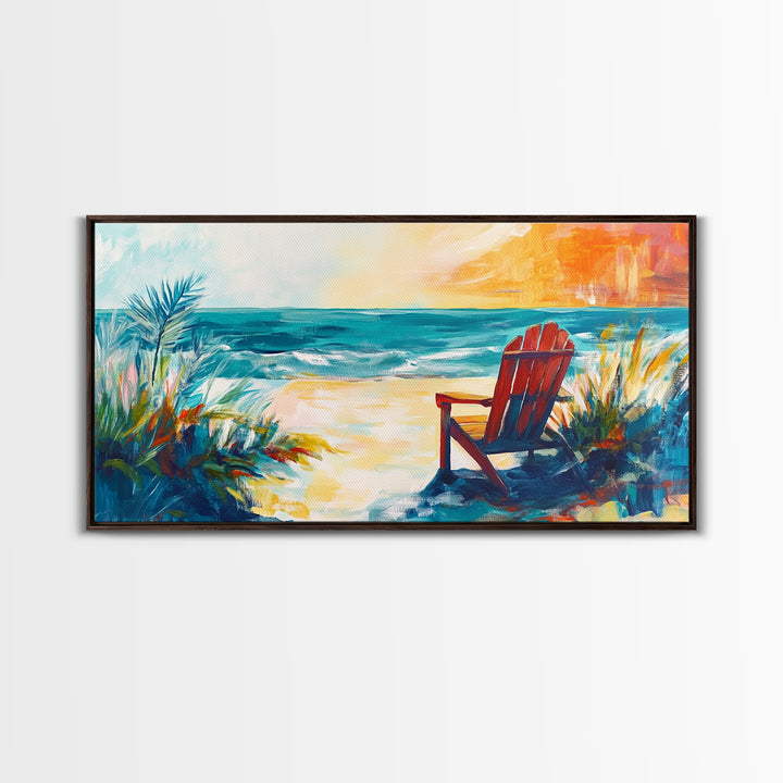 Beach Chair, Coastal Painting, Nautical Wall Art, Ocean Painting, Seascape Painting, Framed Canvas Print, Extra Wide Art, Coastal Decor