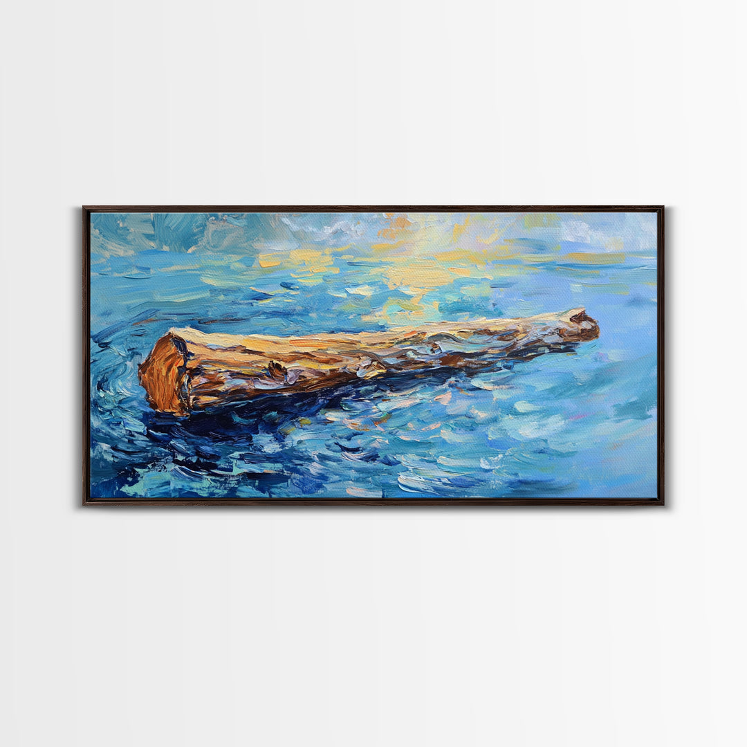 Drifting Log, rustic art, coastal painting, seascape painting, panoramic art, landscape painting, Framed Canvas Print,
