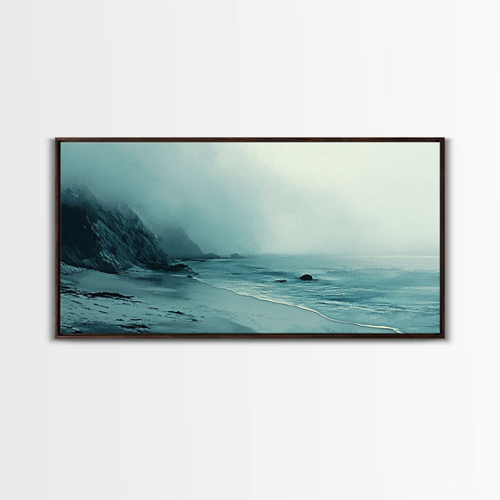 Foggy Beach, coastal decor, nautical painting, moody art, extra wide art, horizontal wall art, Canvas Print, bedroom art