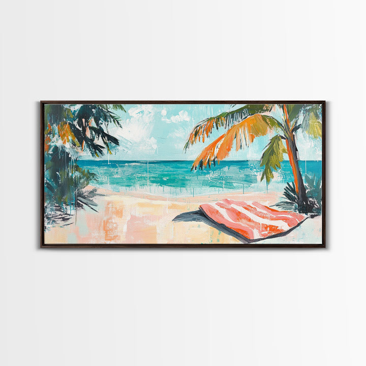Palm Tree, Coastal Landscape Art, Tropical Beach Art, Nautical Decor, Ocean Painting, Framed Canvas Print, Extra Wide Art, Boho Art