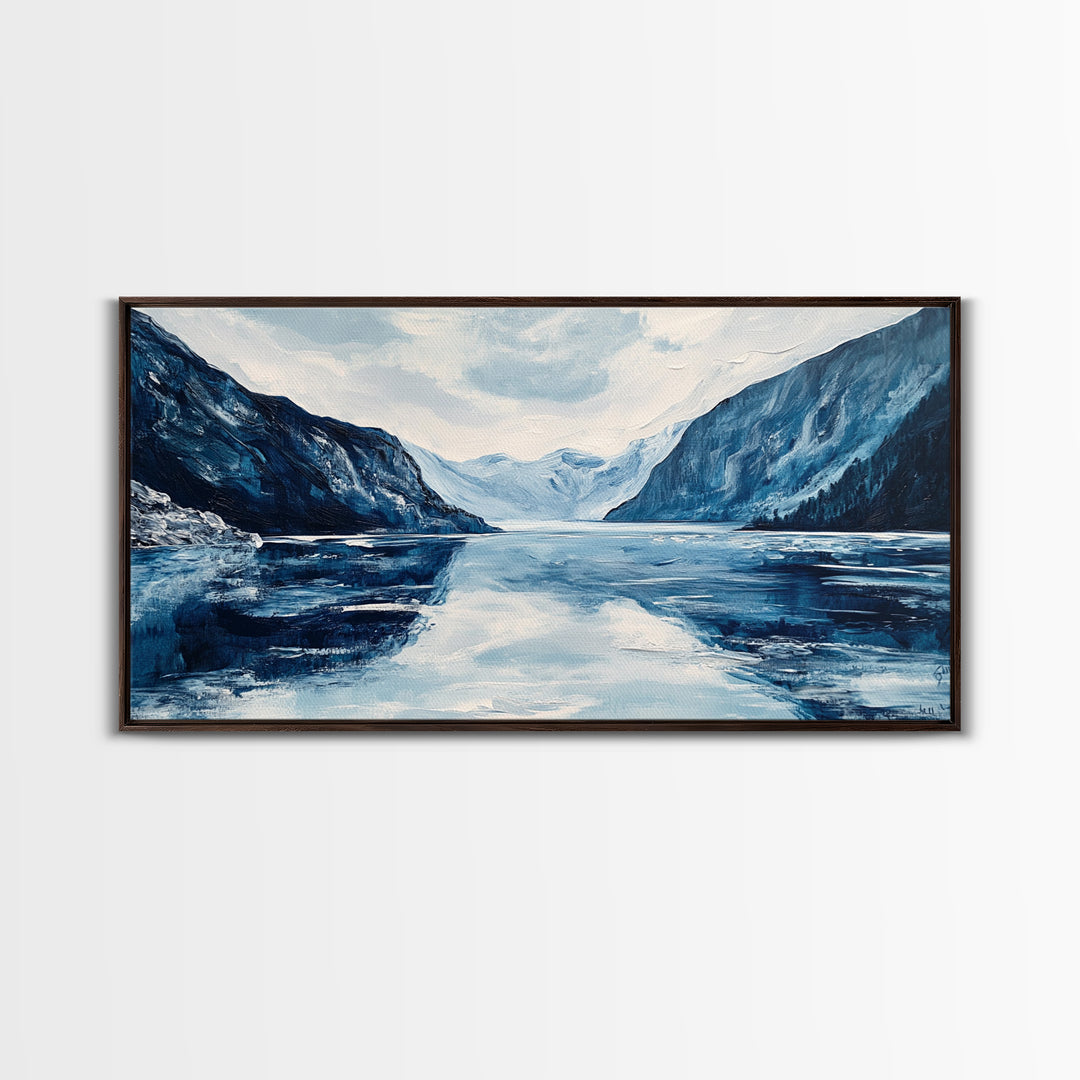 Blue and White Fjord, Lake Tahoe Art, Coastal Landscape Art, Extra Wide Art, Framed Canvas Print, Minimalist Art, Nautical Decor
