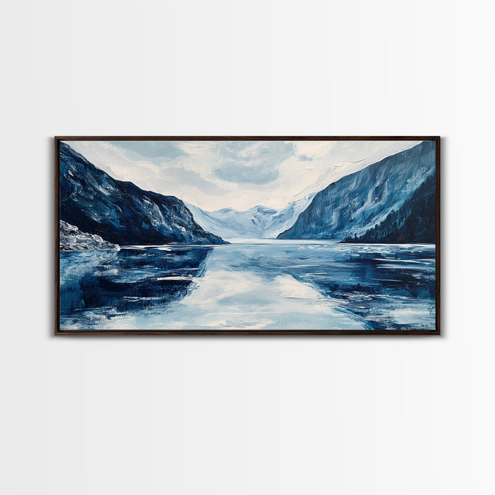 Blue and White Fjord, Lake Tahoe Art, Coastal Landscape Art, Extra Wide Art, Framed Canvas Print, Minimalist Art, Nautical Decor