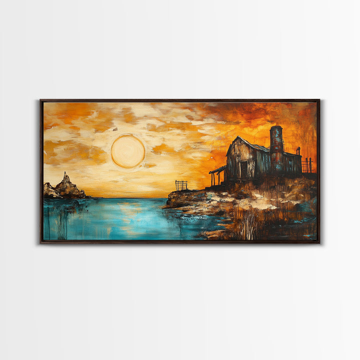 Rustic Barn, sunset painting, farmhouse art, rustic wall art, panoramic painting, framed canvas print, southwest wall art