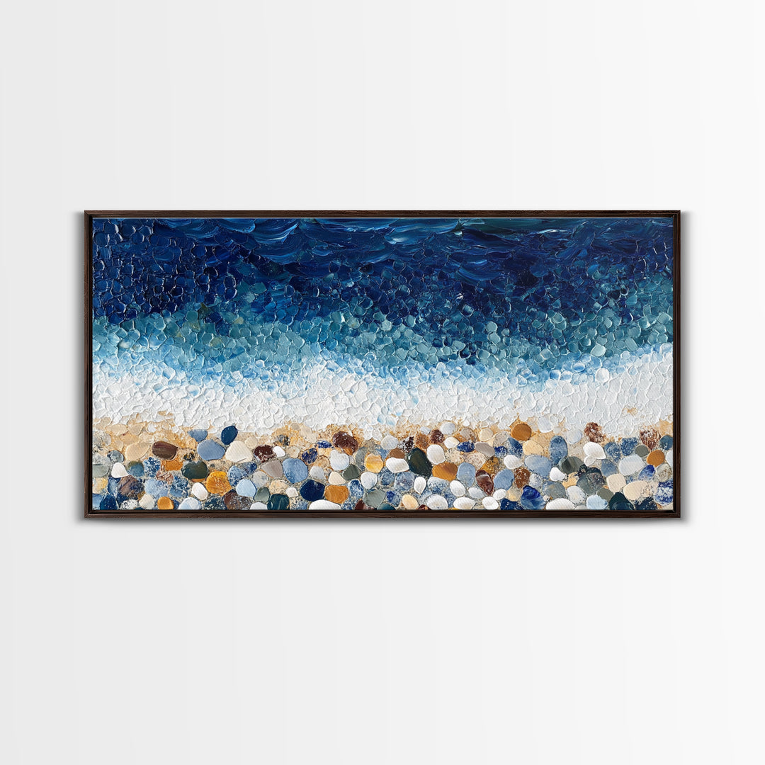 Pebble Beach, mosaic wall art, coastal decor, ocean painting, nautical decor, panoramic painting, framed canvas print