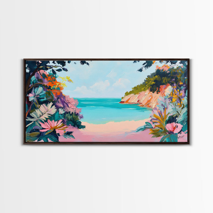 Tropical Beach, coastal wall art, Hawaii art, pink orange wall art, extra wide art, panoramic painting, framed canvas print