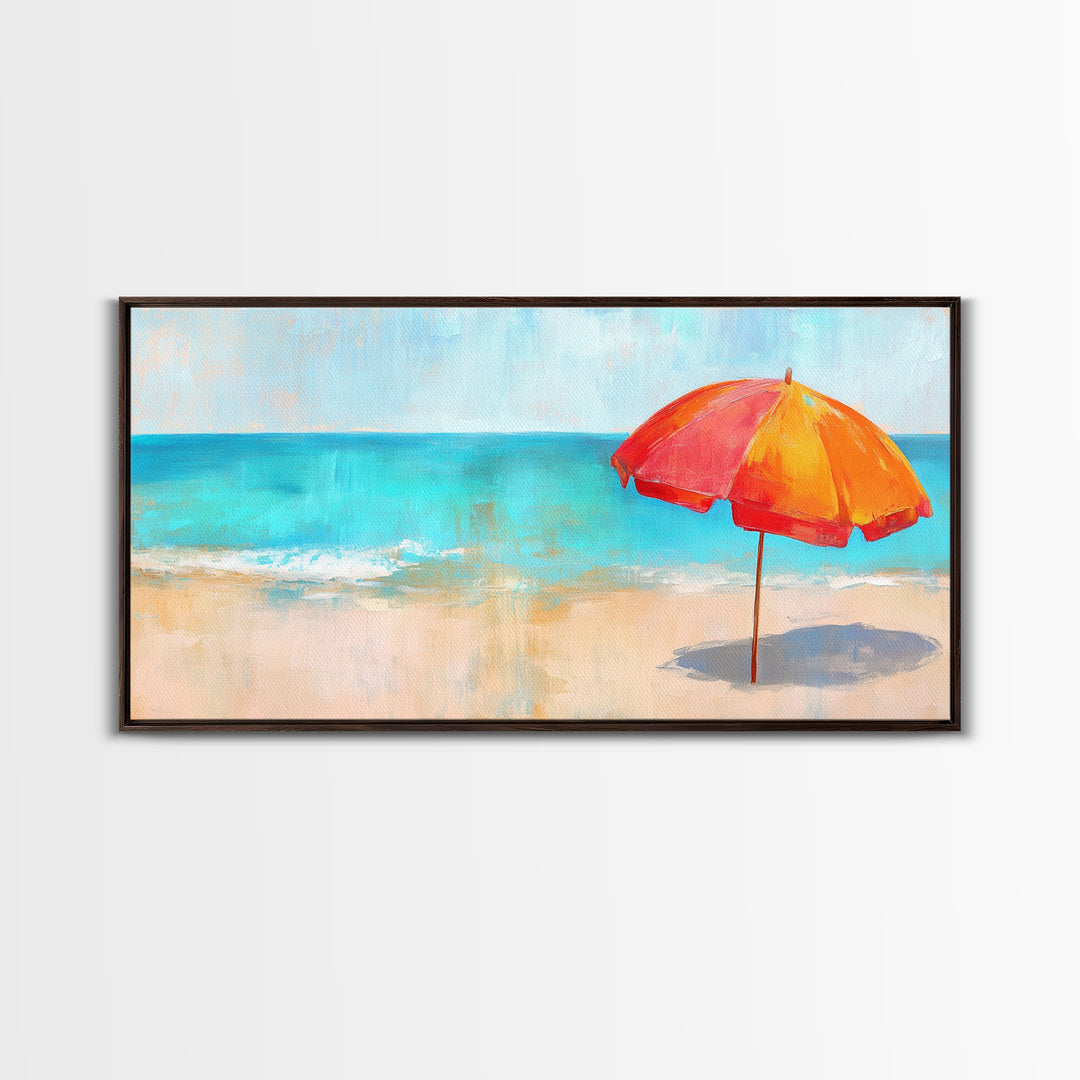 Beach Umbrella, Coastal Decor, Nautical Wall Art, Seascape Painting, Ocean Painting, Extra Wide Art, Framed Canvas Print, Beach House Art