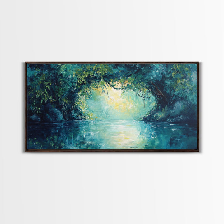 Mystical River, Framed Canvas Print, landscape painting, moody art, forest at dusk painting, teal wall art, extra wide art