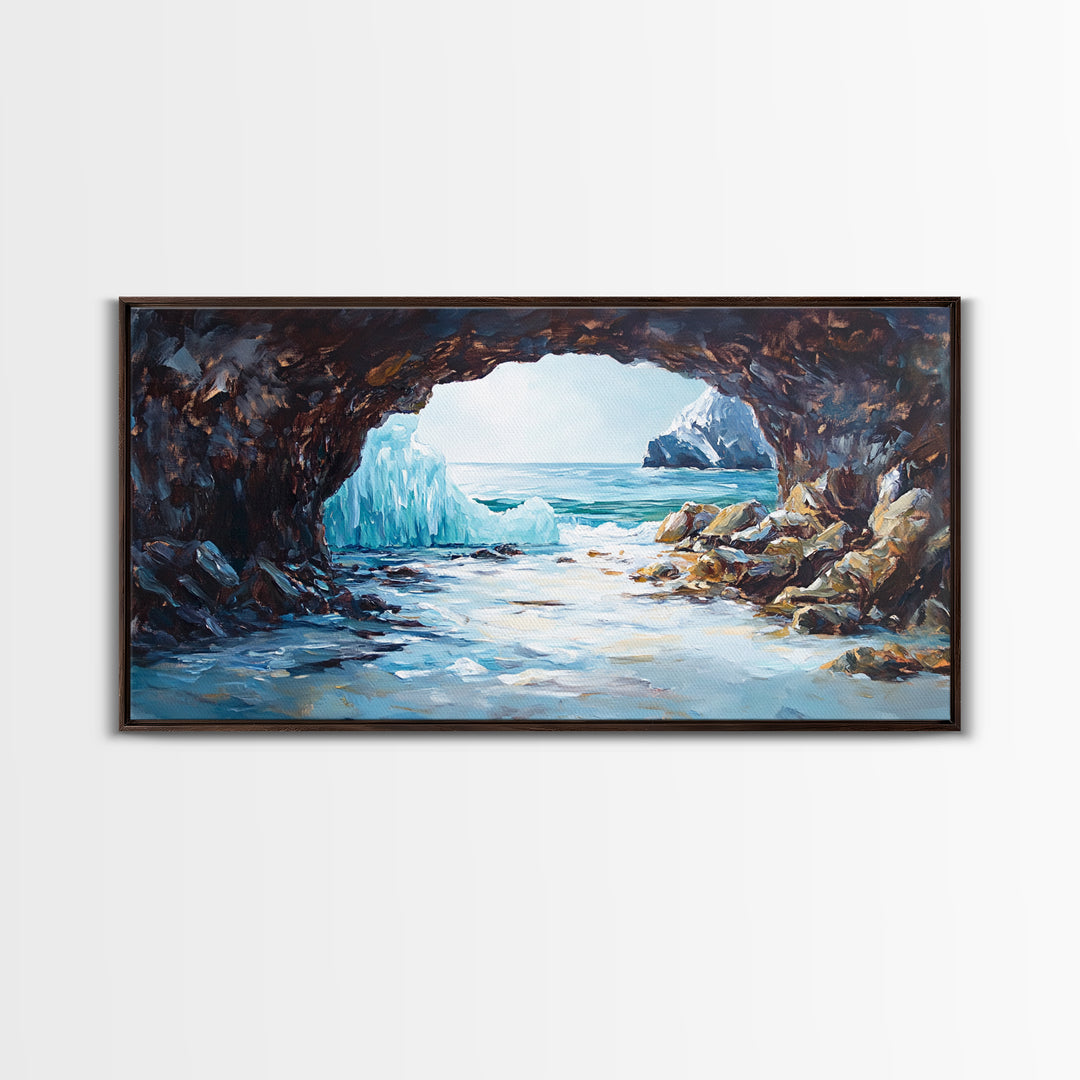 Coastal Ice Cave, Canvas Print, seascape painting, nautical decor, blue and green wall art, landscape painting, extra wide art