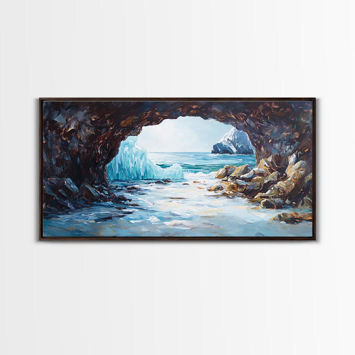 Coastal Ice Cave, Canvas Print, seascape painting, nautical decor, blue and green wall art, landscape painting, extra wide art
