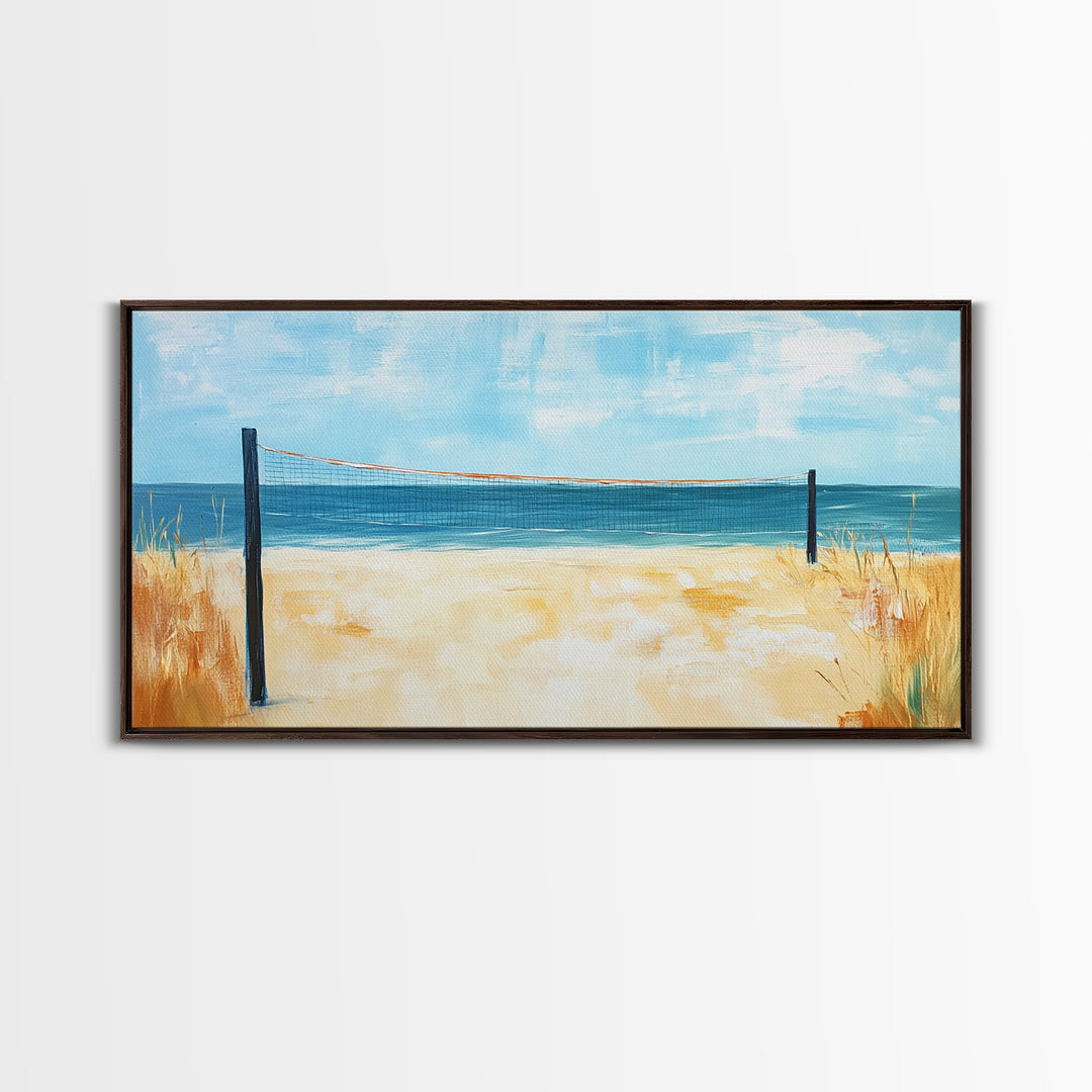 Beach Volleyball, Coastal Wall Art, Nautical Decor, Seascape Painting, Ocean Painting, Framed Canvas Print, Extra Wide Art, Boho Art