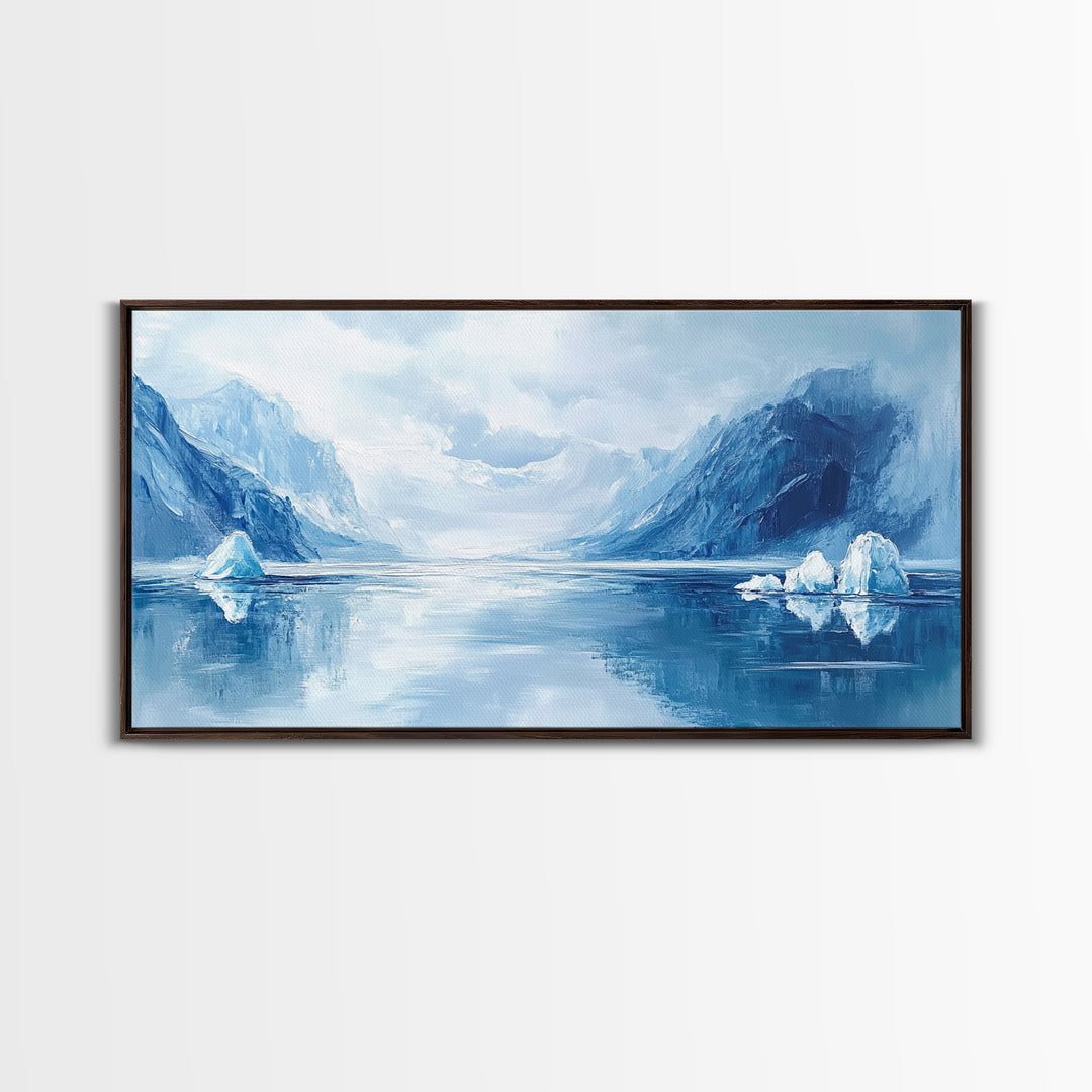 Arctic Reflections, Canvas Print, landscape painting, nautical painting, blue and green wall art, extra wide art, minimalist art