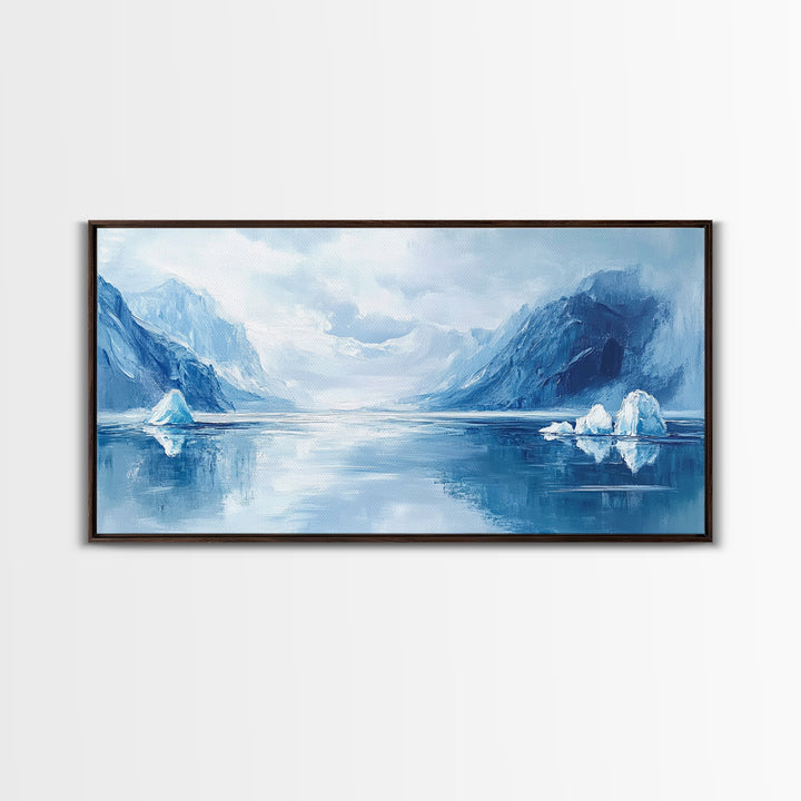 Arctic Reflections, Canvas Print, landscape painting, nautical painting, blue and green wall art, extra wide art, minimalist art