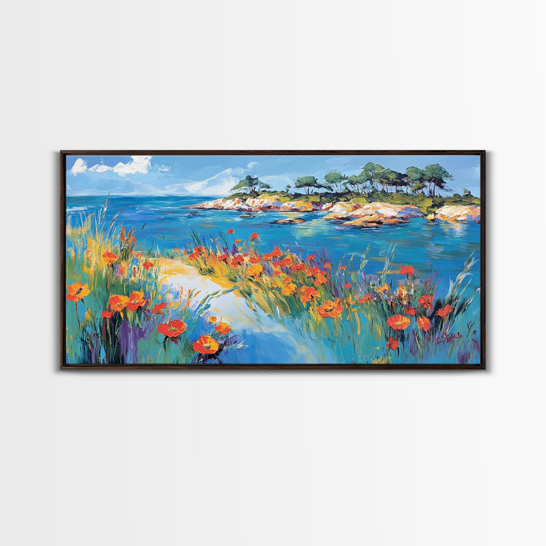 Coastal Poppies, Framed Canvas Print, California poppy art, coastal painting, wildflower painting, seascape art, above bed wall art