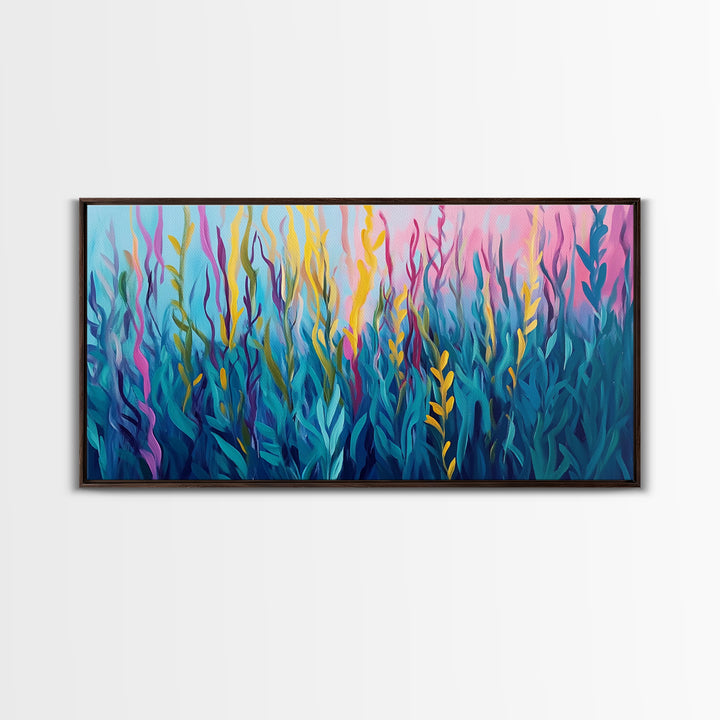 Abstract Seaweed, Framed Canvas Print, ocean art, botanical prints, teal wall art, pink abstract art, extra wide art, coastal decor