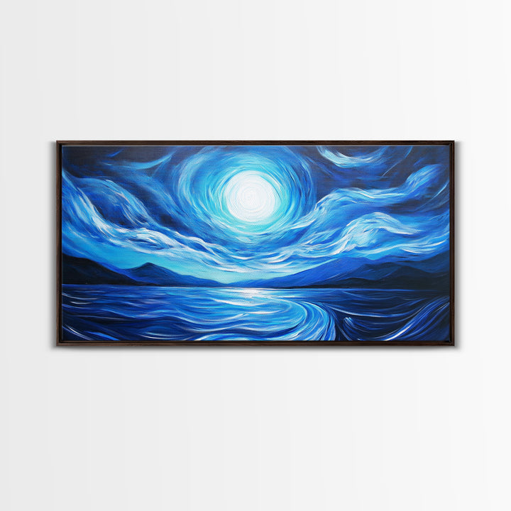 Blue Moon Painting, Moody Art, Nautical Wall Art, Coastal Painting, Framed Canvas Print, Above Couch Art, Extra Wide Art