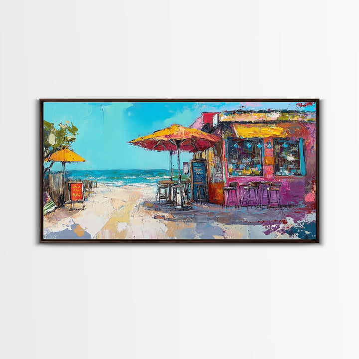 Beach Bar, Coastal Landscape Art, Tropical Art, Nautical Wall Art, Ocean Painting, Extra Wide Art, Framed Canvas Print, Rustic Wall Art