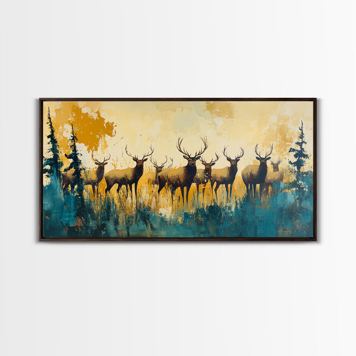 Deer Herd Painting, rustic wall art, farmhouse art, wildlife painting, nature painting, framed canvas print, woodland decor