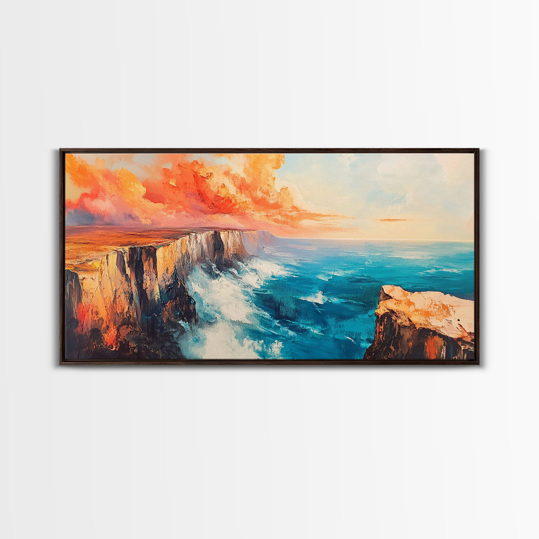 Coastal Cliffs Painting, landscape painting, seascape painting, blue and green wall art, framed canvas print, nautical wall art