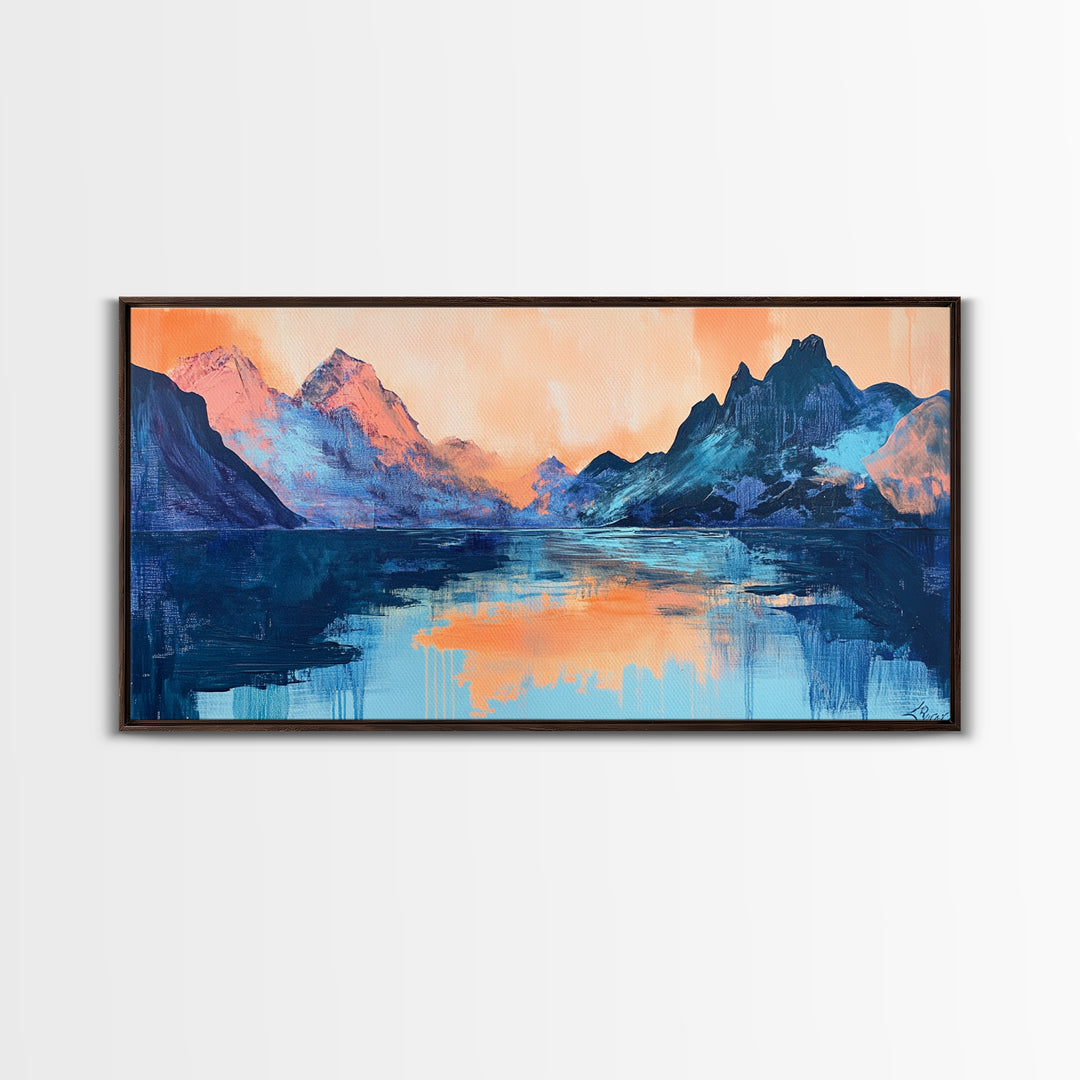 Twilight Peaks, pink orange wall art, framed canvas print, panoramic painting, above sofa art, extra wide art, landscape painting
