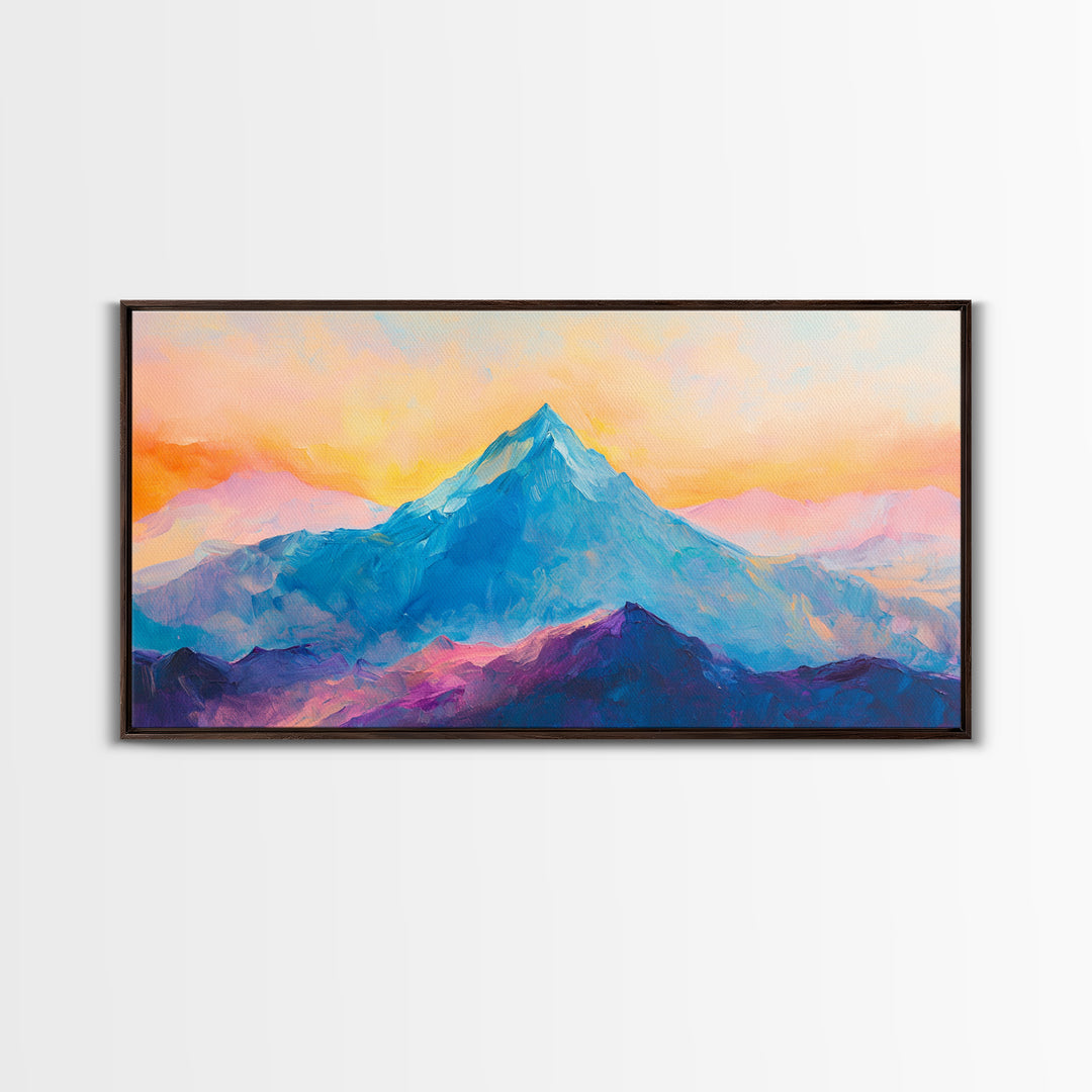 Blue Mountain, Sunset Landscape, Panoramic Art, Canvas Print, Mountain Painting, Pink Orange Wall Art, Extra Wide Art, Living Room Art