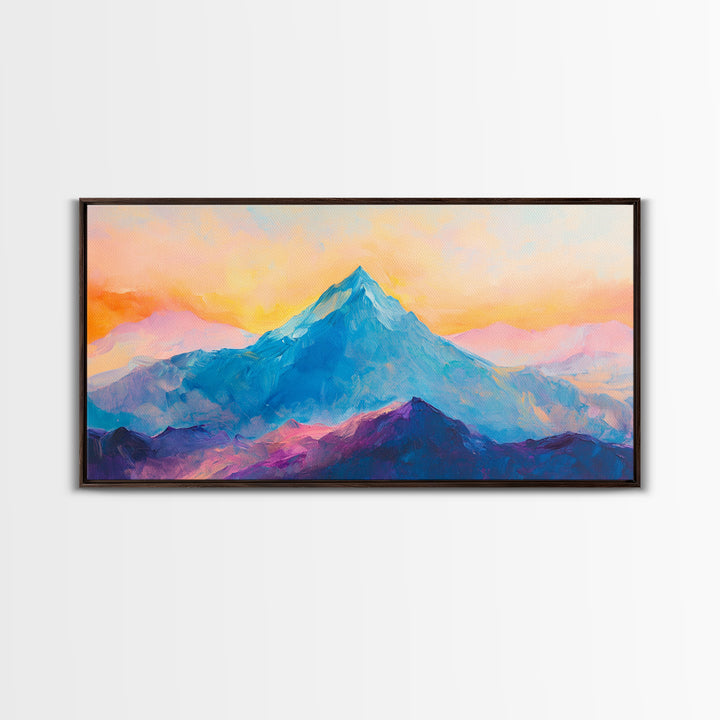 Blue Mountain, Sunset Landscape, Panoramic Art, Canvas Print, Mountain Painting, Pink Orange Wall Art, Extra Wide Art, Living Room Art