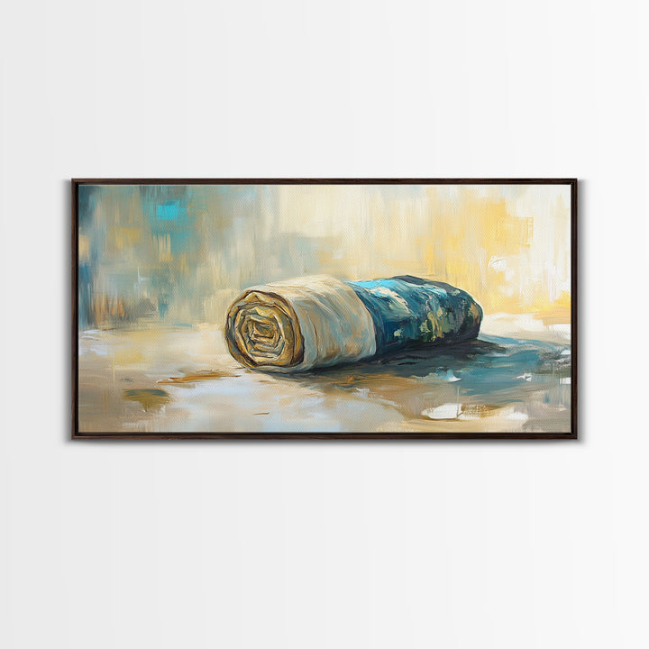 Rolled fabric, oil painting from photo, rustic decor, farmhouse art, wabi sabi art, framed canvas print, horizontal wall art, gift idea