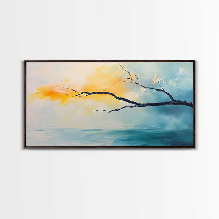 Cherry blossom painting, coastal decor, framed canvas print, minimalist art, abstract landscape, extra wide art, horizontal wall art