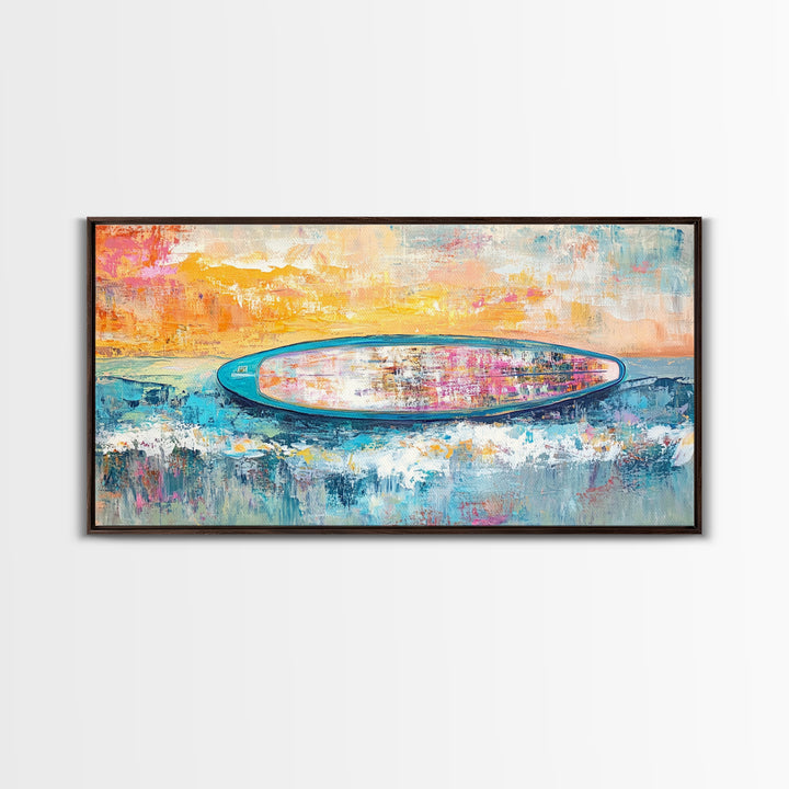 Coastal wall art, surf wall art, framed canvas print, extra wide art, nautical decor, vibrant painting, panoramic art, tropical art