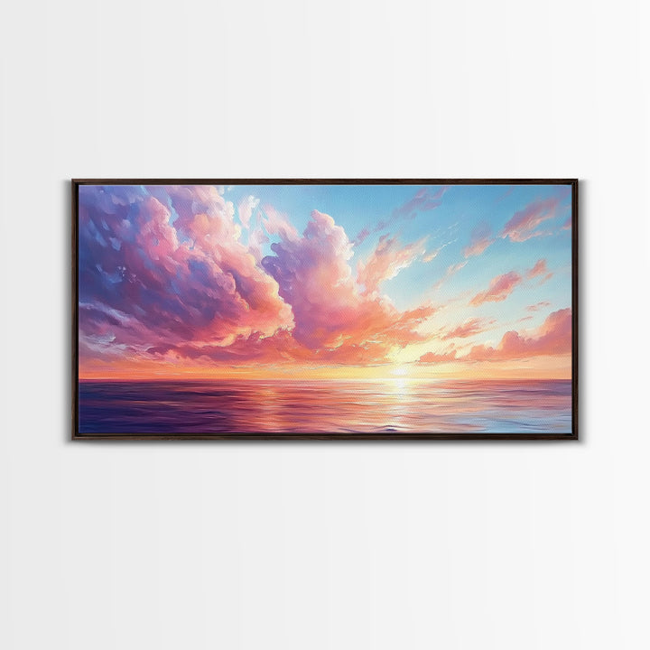 Seascape painting, framed canvas print, extra wide art, sunset painting, panoramic wall art, ocean waves, nautical wall art