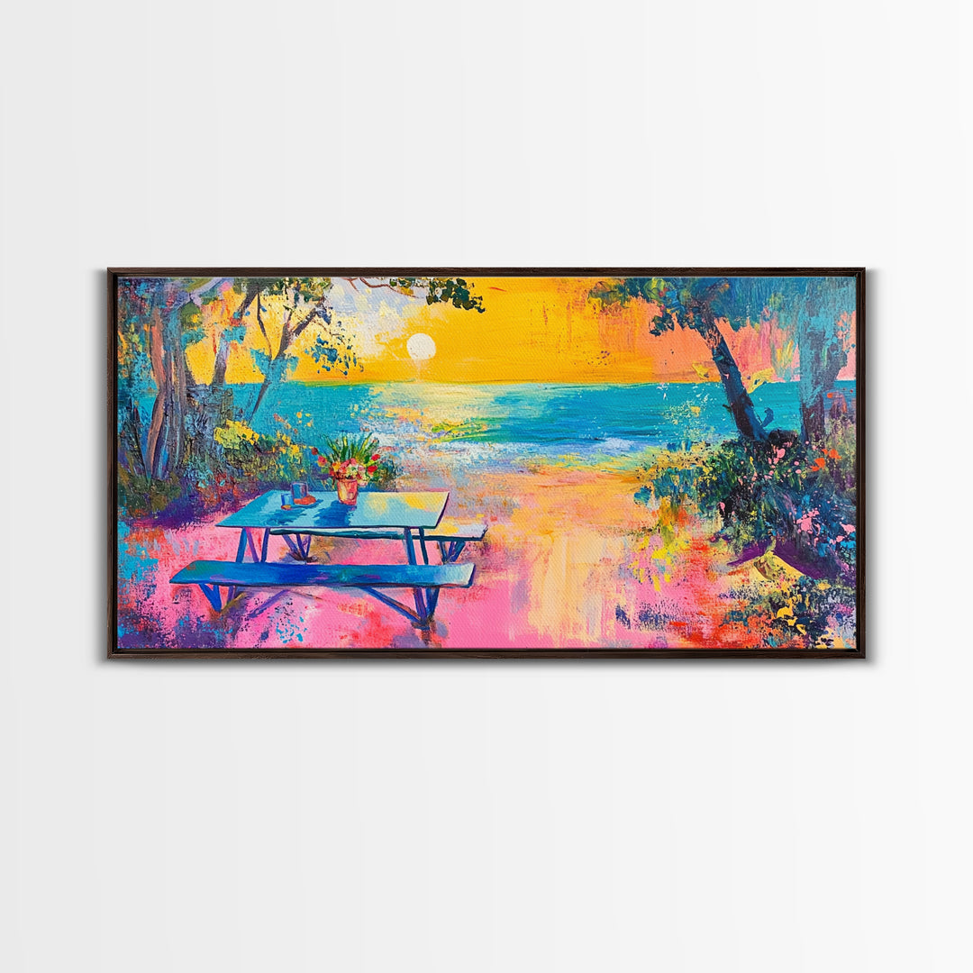 Coastal landscape art, framed canvas print, extra wide art, vibrant sunset painting, tropical beach decor, ocean waves, panoramic art