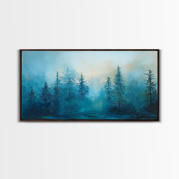 Pine tree art, smoky mountain art, framed canvas print, misty forest painting, rustic wall art, extra wide art, moody landscape