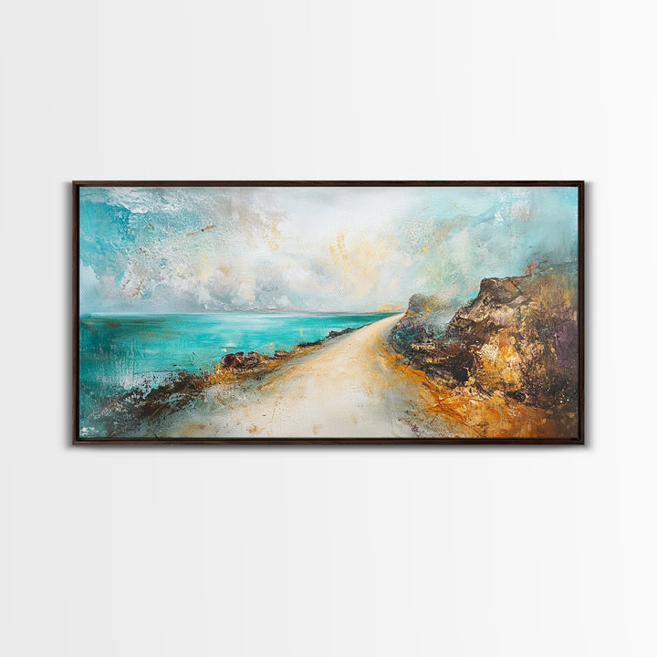 Coastal decor, framed canvas print, extra wide art, nautical wall art, beach road painting, rustic landscape, panoramic art