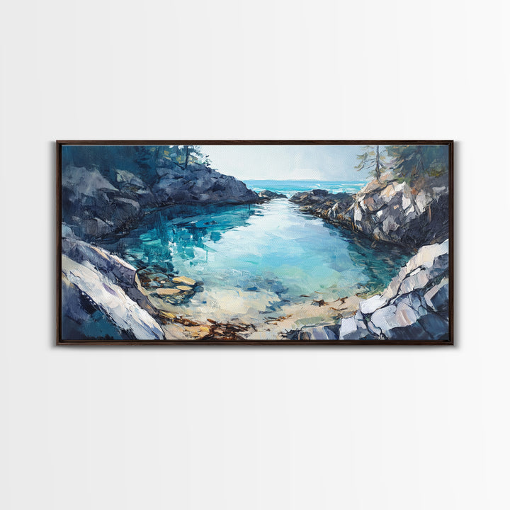 Rocky Coastal Cove, Maine oil painting, nautical decor, seascape painting, extra wide art, above bed wall art, Canvas Print