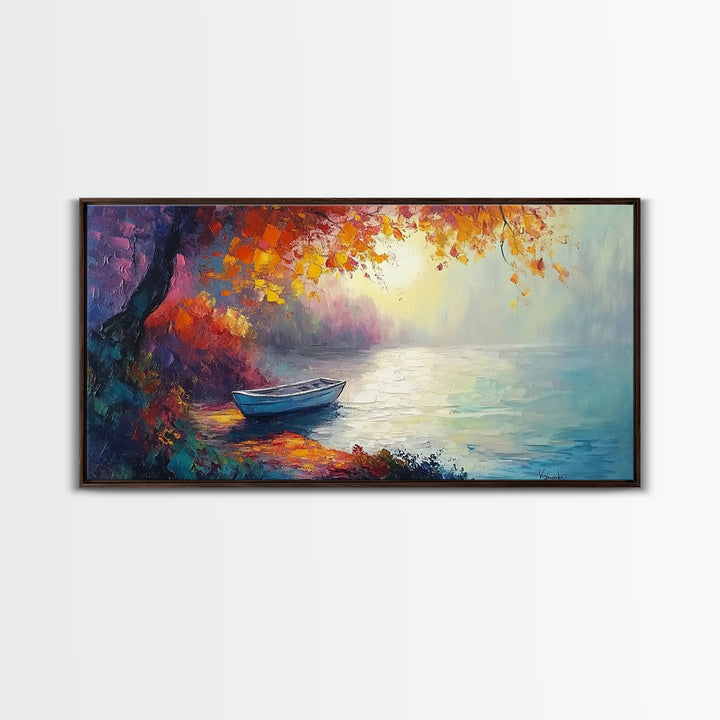 Autumn Lake Scene, landscape painting, fall wall art, framed canvas print, rustic decor, above sofa art, moody art, extra wide art