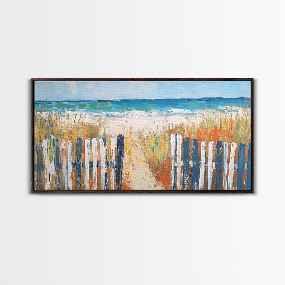 Beach Fence, coastal painting, framed canvas print, nautical decor, seascape painting, blue and green wall art, extra wide art