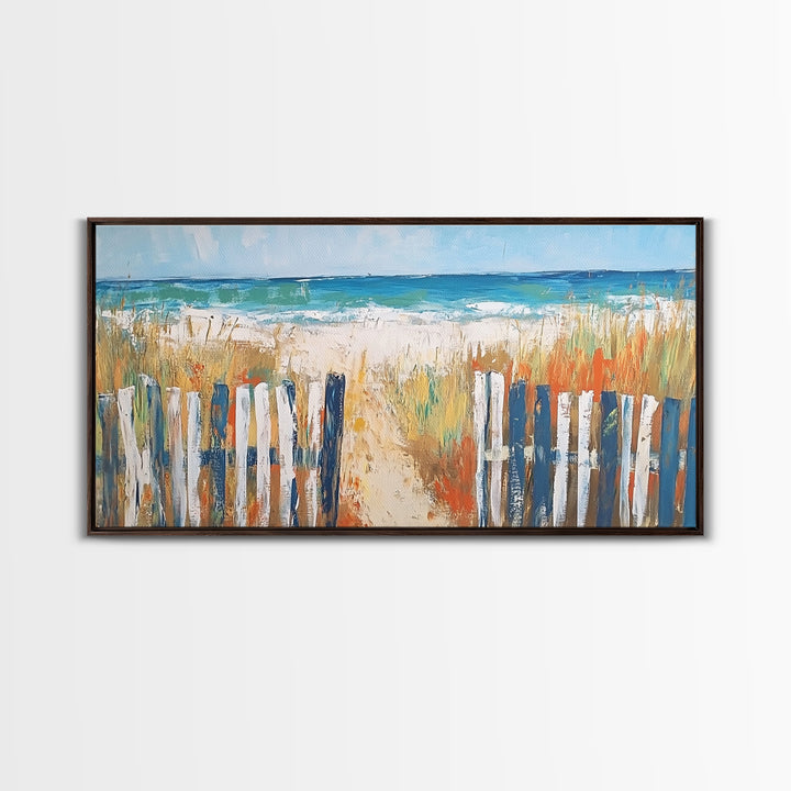 Beach Fence, coastal painting, framed canvas print, nautical decor, seascape painting, blue and green wall art, extra wide art