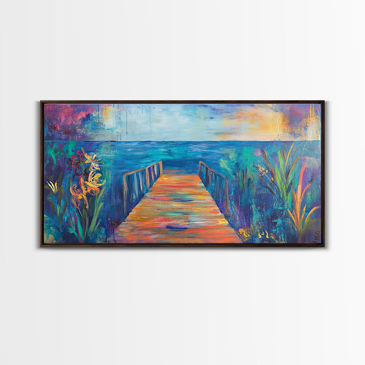 Dock, ocean sunset, coastal painting, coastal landscape art, nautical decor, seascape painting, framed canvas print, above bed wall art