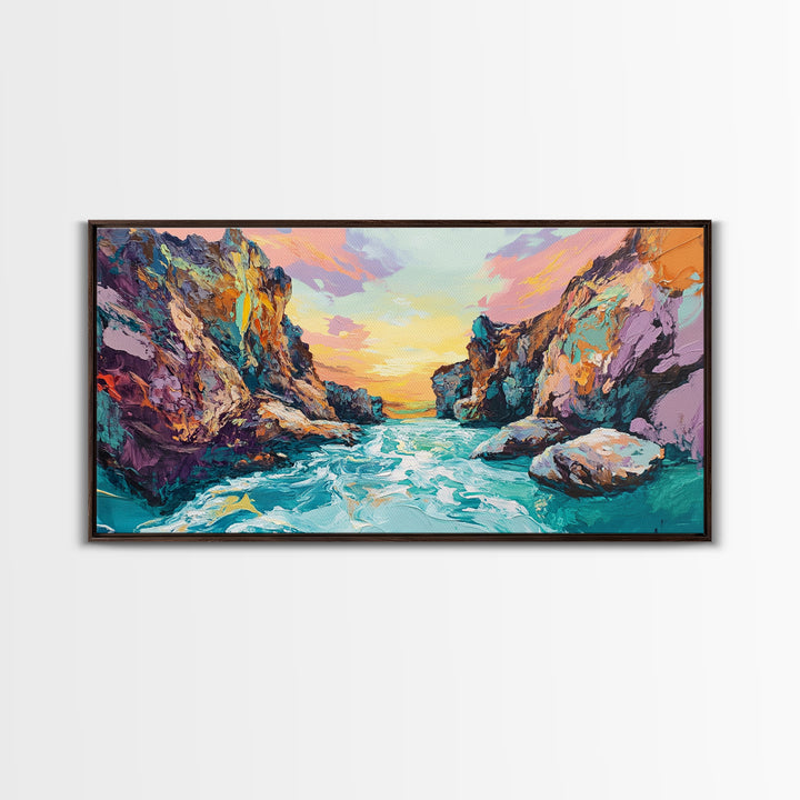 Coastal Canyon Sunset, panoramic painting, extra wide art, framed canvas print, seascape painting, southwest wall art